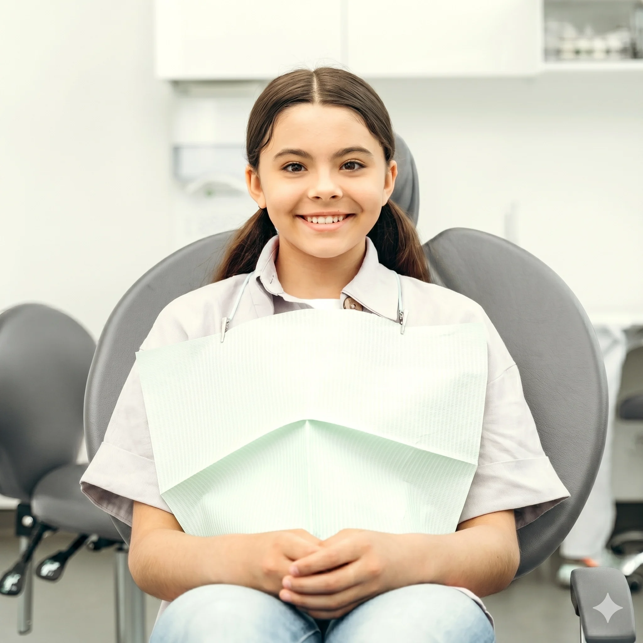 teen girl smiling in gray dental chair